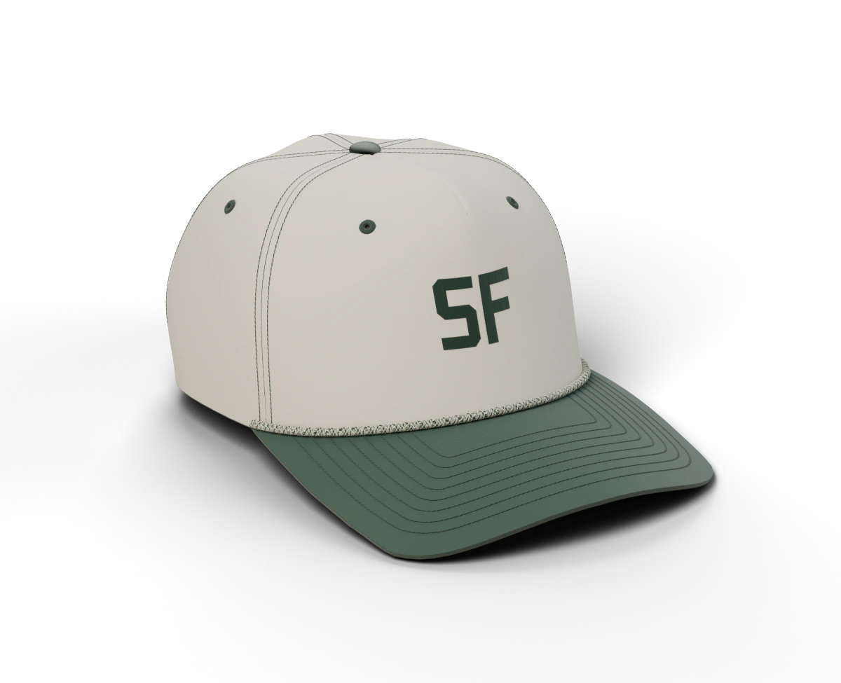 Cream snapback with a pine brim, cream and pine braided rope, stitched SF lettering, panel seams and rows of brim stitching.
