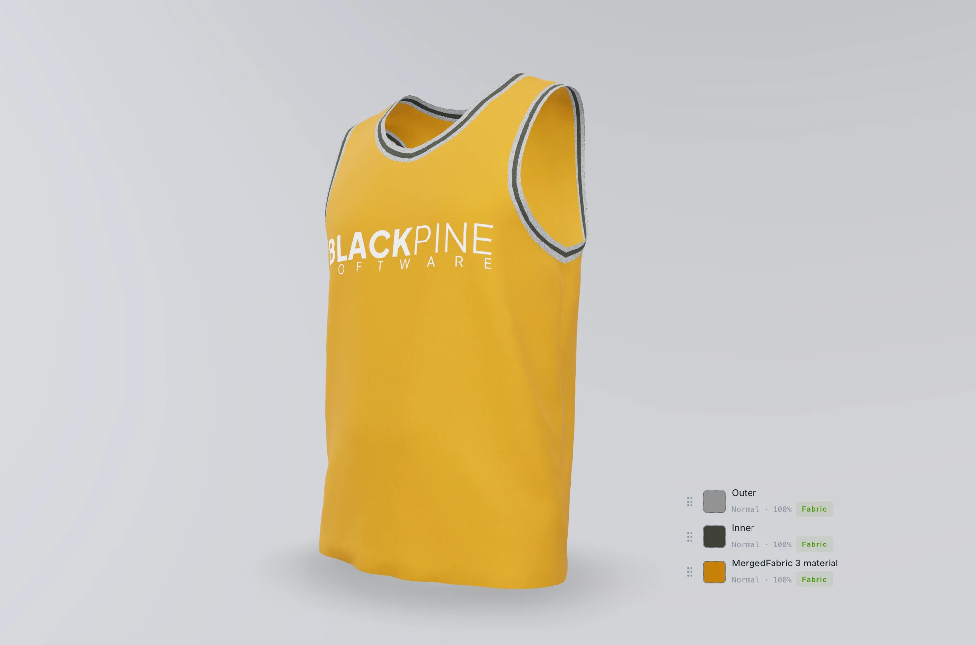 The StitchFrame configurator showing a gold and black jersey with its outer, inner, and trim fabric materials listed in the side panel