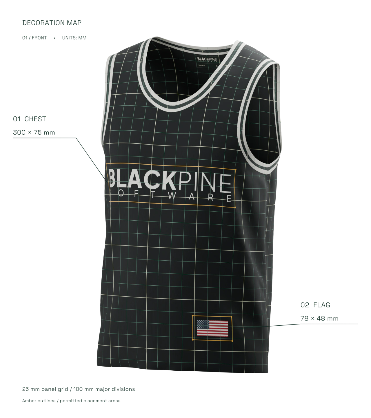 Graphite Blackpine jersey with a continuous grid wrapping the outside and inside, a 300 by 75 mm chest placement area, and a 78 by 48 mm hem-flag placement area.