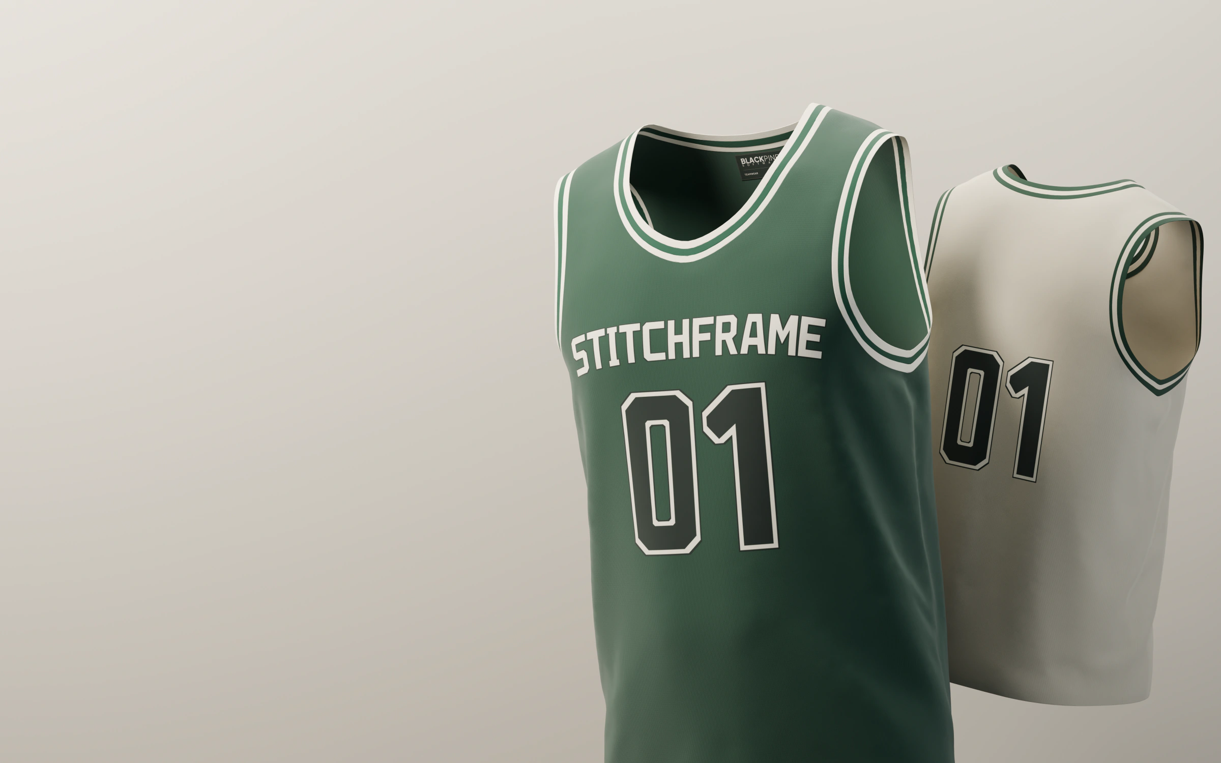 Two colorways of the same team jersey: a pine front with a custom STITCHFRAME team wordmark and outlined 01, a Blackpine neck label, and an ecru reverse with matching numerals and pine binding.