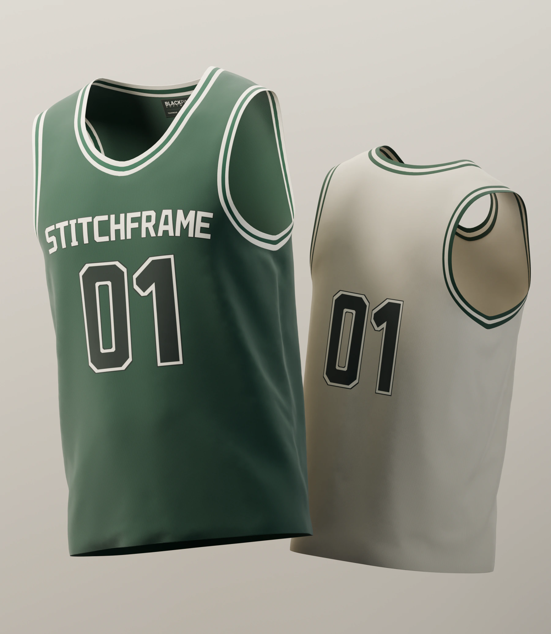 Pine and ecru team jerseys with Stitchframe lettering and outlined 01 numerals.